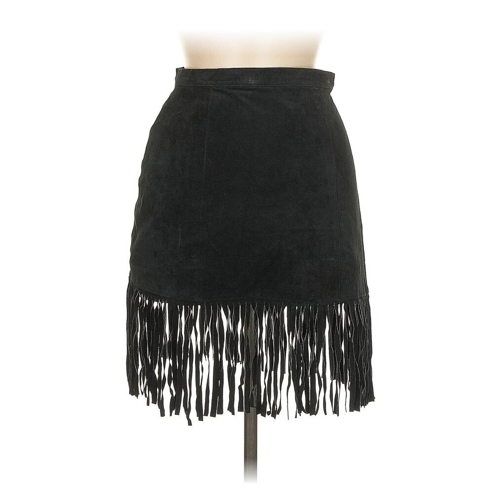 VTG Comint Black Fringe Suede Leather Mini Skirt UK 6 US 2 (25" waist)